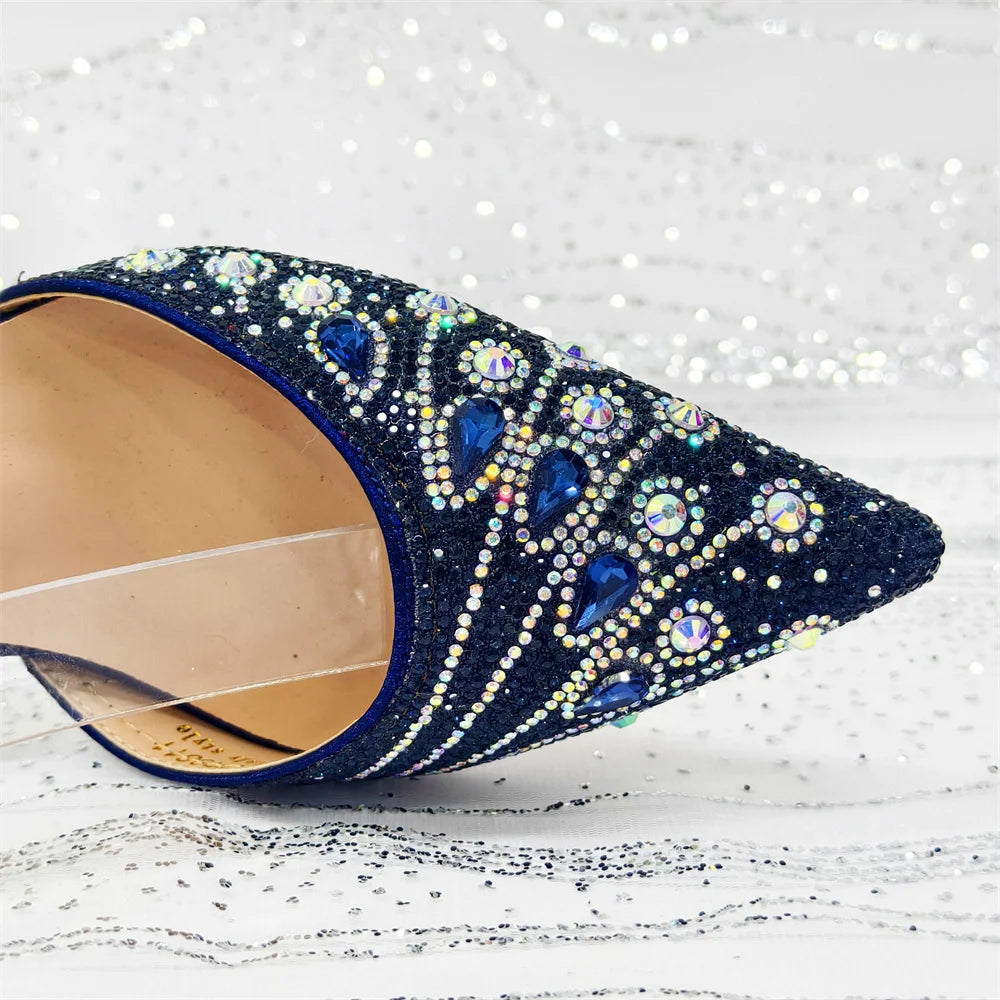 2025 Elegant Rhinestone Pointed Toe Pumps With Matching Bag Set Large Size shoes Big Bag for Women's Party High Heels