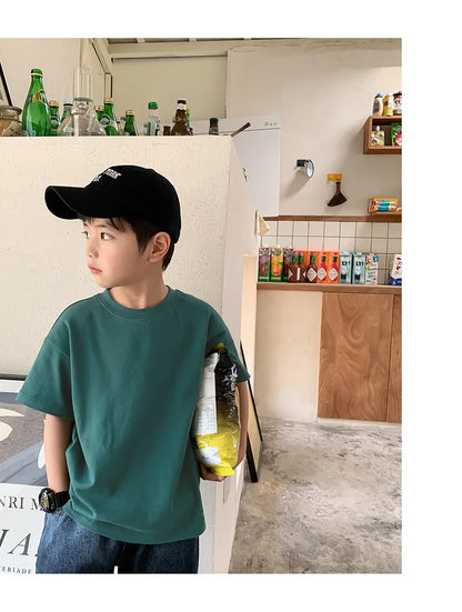 Summer Casual School Kids Cotton Plain Tee Tops Baby and Boys Short-Sleeved T-Shirt Children Outfit Clothing 1-16 Years