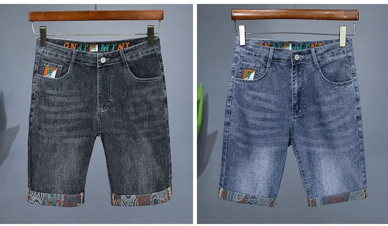 Summer New Men's Embroidered Denim Shorts Fashion Straight Slim Personality Streetwear Jeans Male Bermuda Male Short Pants