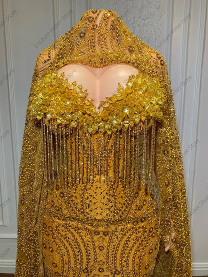 Glamorous Gold Stones Prom Dresses With Head Cover Beaded Rhinestones Mermaid African Wedding Dress Black Girls Customized