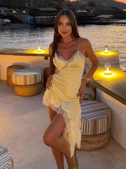 Summer Women Fashion Asymmetry Lace Decorate Dress Female Sexy Sleeveless Backless Halter Neck Collar Beach Party Dress