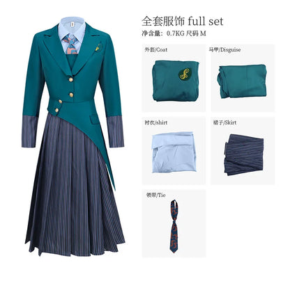 Anime Wicked Witch Glinda Women's School Uniform Role Playing Dress Girl Blue Shirt Green Coat Stage Performance Dress