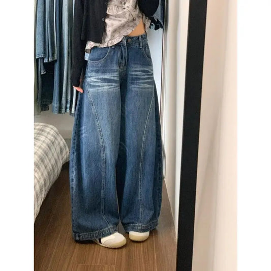 Chic American Street Style Vintage Curved Hem Jeans Women Edgy Design Loose Fit Slimming Wide Leg Floor Length Denim Pants