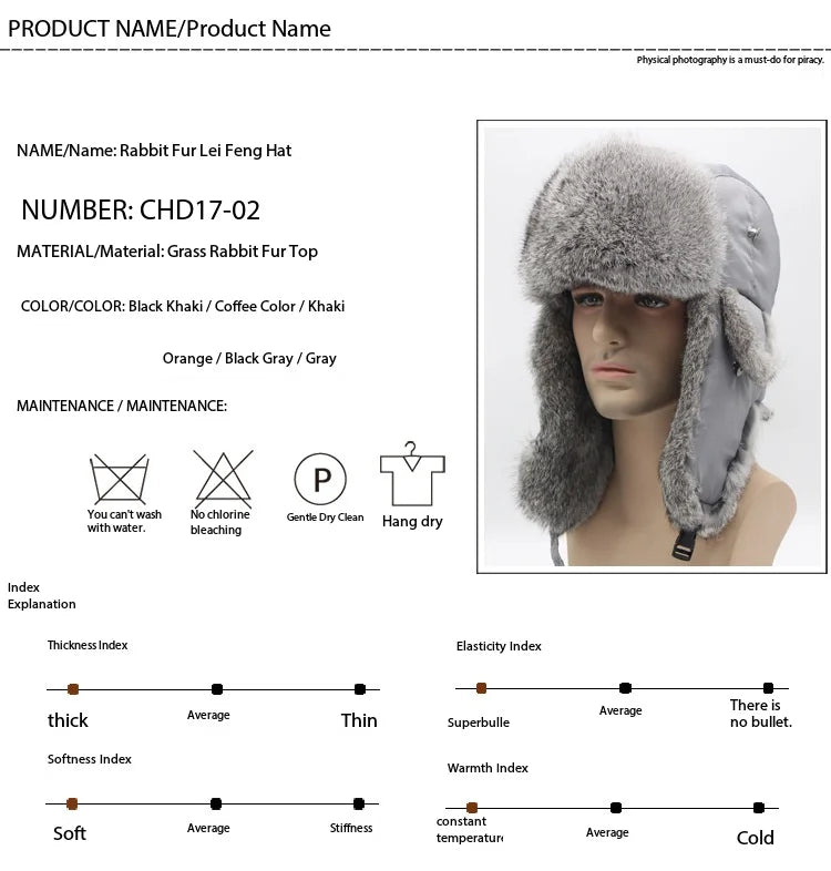 Sports Winter Fashion Trapper Hats Men Thick real Rex Rabbit Fur Bomber Cap with Warm Snow Ear Flap Hiking Hats for Outdoor
