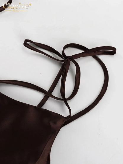 Fashion Loose Brown Satin Womens Dresses 2025 Summer Strap Sleeveless Floor Length Dress Sexy Backless Female Dress