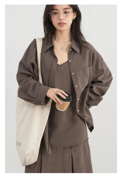 Women Dress Sets Stripe Shirt Loose Casual Long Sleeve Sunscreen Blouses Camisole V-neck Dresses Spring Autumn 2025