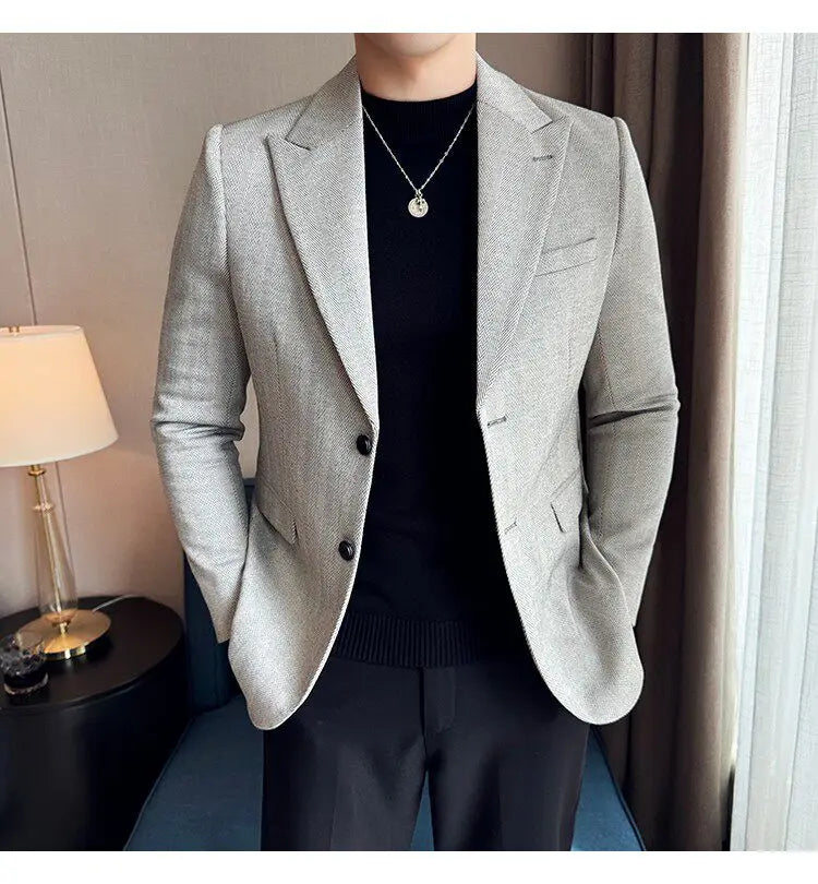 Men's Herringbone Stripe Suit Blazer Classic Lapel Dress Jacket Elegant Slim Fit Fashion Simple Casual Business Prom Suit Jacket