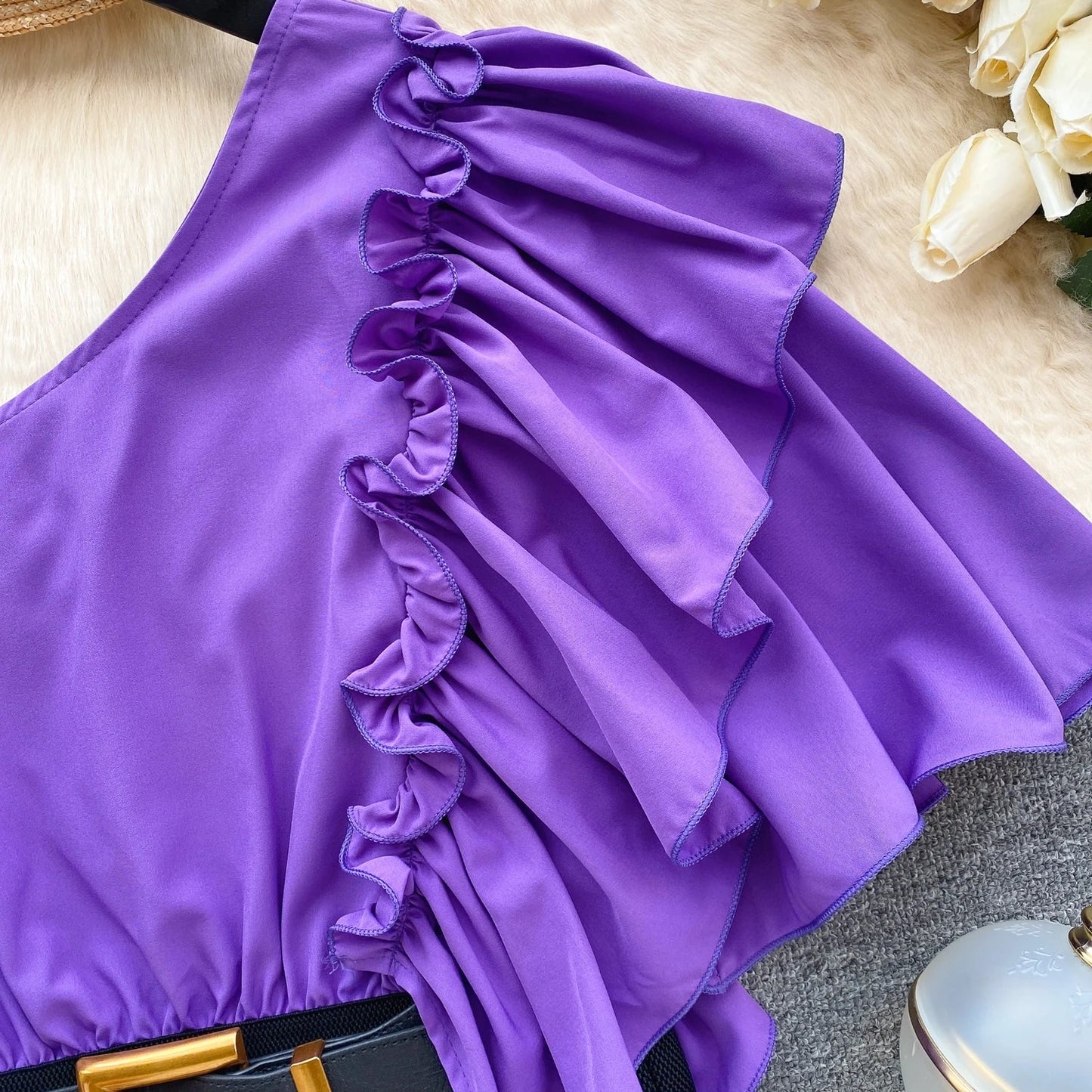 American Chic Blouse for Women Flounced Edge Skew Collar Bare Midriff Belt Skinny Shirts Summer Casual Female Tops Dropshipping