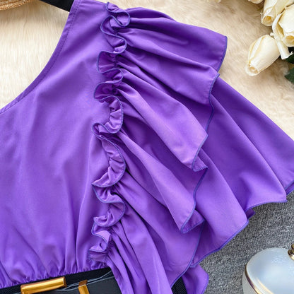 American Chic Blouse for Women Flounced Edge Skew Collar Bare Midriff Belt Skinny Shirts Summer Casual Female Tops Dropshipping