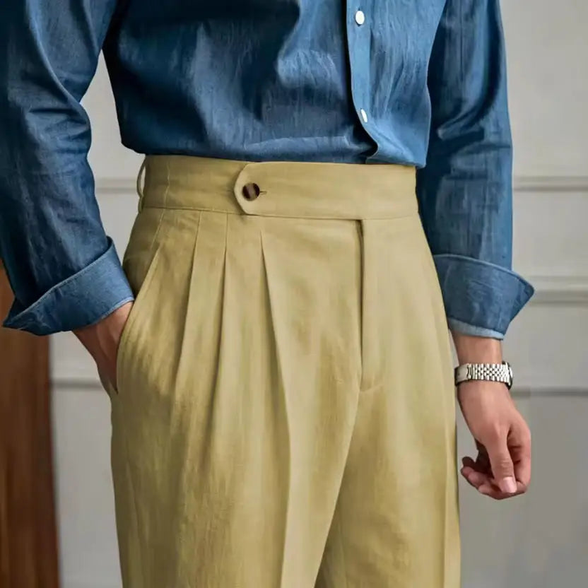 Classic Linen Men Suit Trousers Italian Naples Style Pleated Street Wear Summer Trendy High Waist Pants Male Business Office