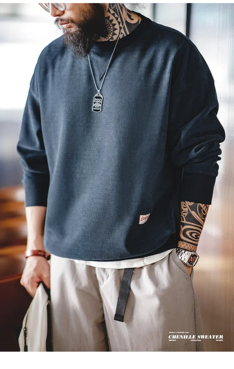 Heavyweight Round Collar Chenille Sweater for Men Spring and Autumn Basic Styles Long-sleeved Pullover Navy Blue T-shirts