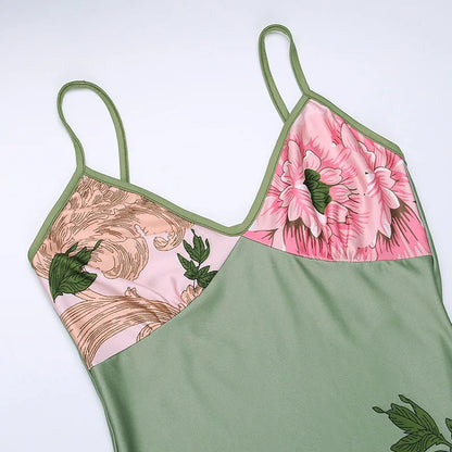 Floral Print Summer Green Dress Womens Fashion Casual Sleeveless V-neck Backless Tunics Bodycon Holiday Beach Dresses Streetwear