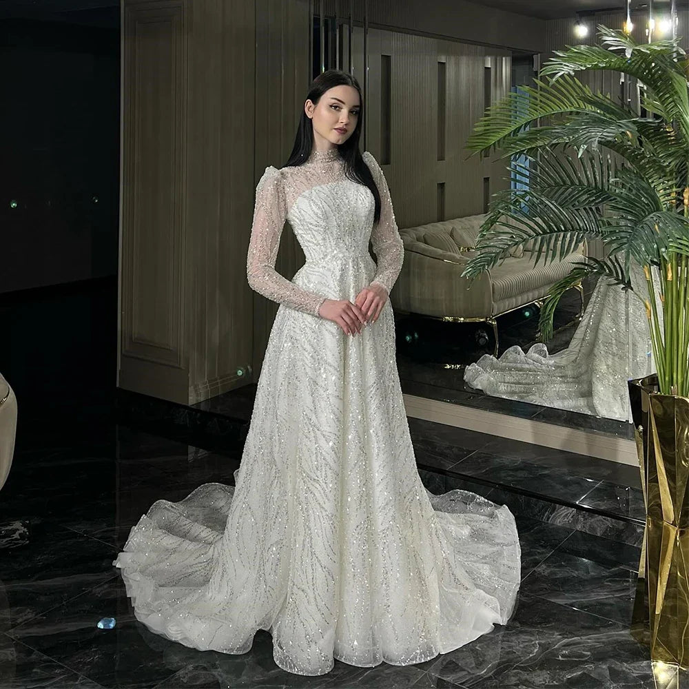 Luxury Beading Lace A-Line Wedding Dress Illusion Tulle High Neck Long Sleeve Bridal Floor Length Customized Sweep Train Gown