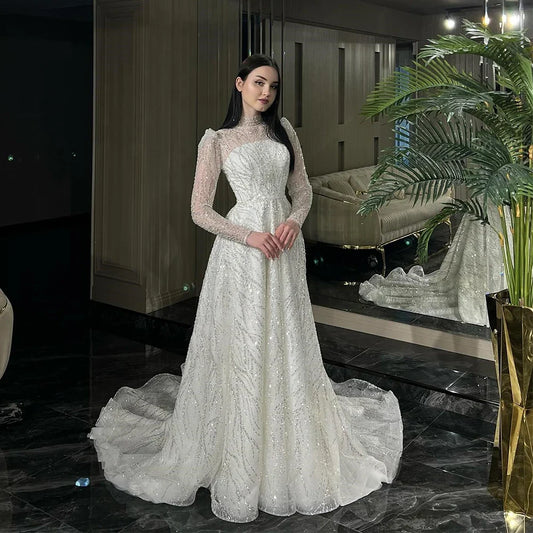 Luxury Beading Lace A-Line Wedding Dress Illusion Tulle High Neck Long Sleeve Bridal Floor Length Customized Sweep Train Gown