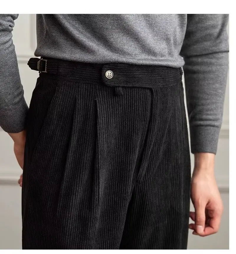 Classics Italian Naples Style Men's Suit Corduroy Pants Men High Waist Straight Work Formal British Business Brand Trousers Male