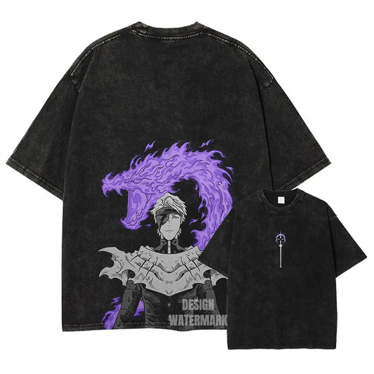 Anime B-Bleach T-Shirt Oversized Vintage Washed Zaraki Kenpachi T-Shirts Retro Harajuku Ichigo Rukia Tops Tees Man 100% Cotton
