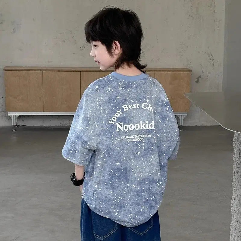 2026 New Boys' Summer Starry Sky Tie Dye Short Sleeve T-Shirt Pure Cotton Stylish Boys' Tops Trendy Summer Wear