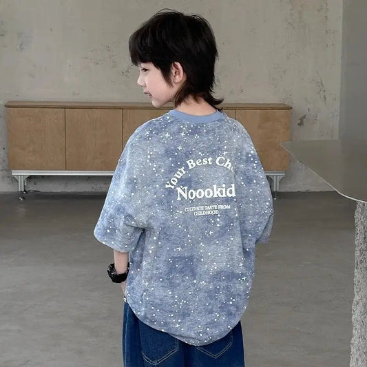 2026 New Boys' Summer Starry Sky Tie Dye Short Sleeve T-Shirt Pure Cotton Stylish Boys' Tops Trendy Summer Wear