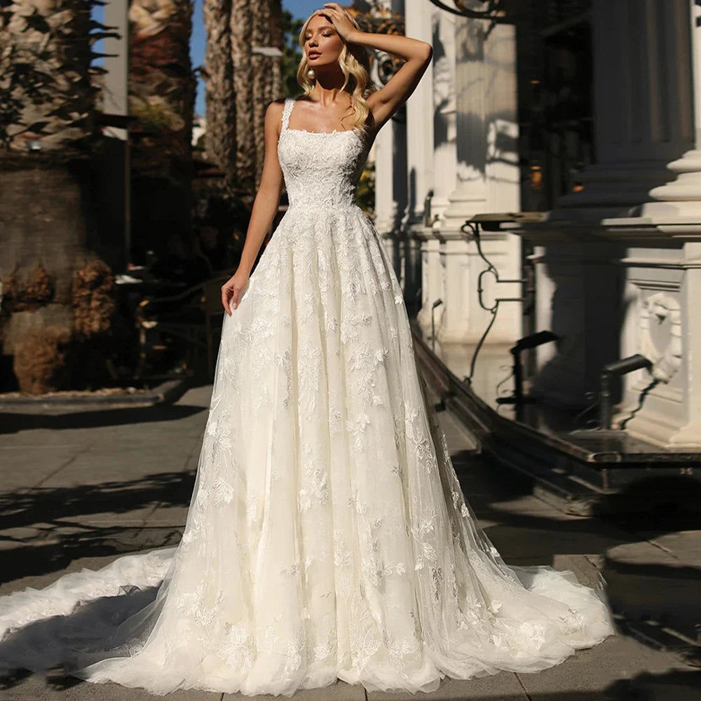 Exquisite Wedding Dress Robe De Mariee Customized Square Neck Sleeveless Lace Applique Sweep Train Zipper Up Bridal Gown
