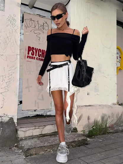 Summer Lace Satin Skirt For Women High Waist Printed Patchwork Slim Ruffled Casual Commute Clothes Female Y2k Skirt 2025