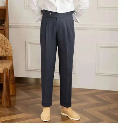 Linen Cotton High Waist Straight Casual Pants Men Versatile Naples Gentleman Pleated Pants High Quality Italian Dress Trousers
