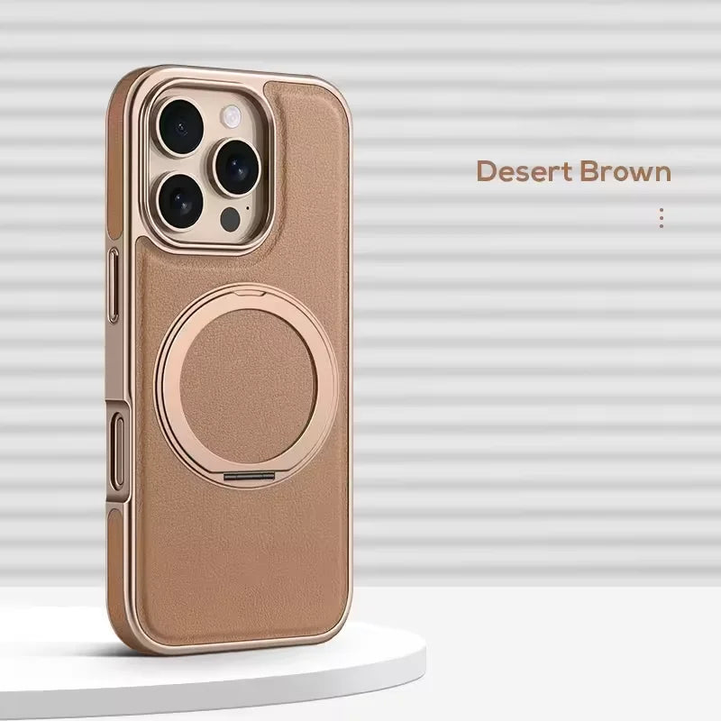 Business Plating Frame 360 Alloy Stand Holder Leather Magnetic Case For iPhone 16 15 14 13 Pro Max Shockproof Cover For Magsafe