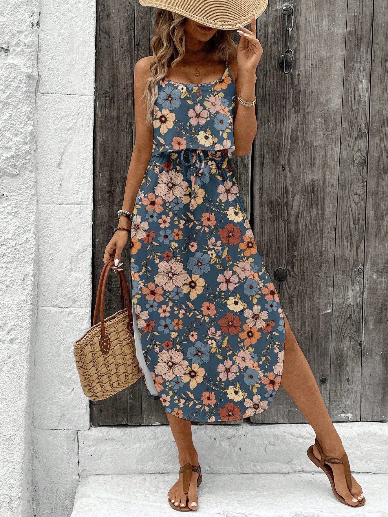 Women's Summer Spaghetti Strap Dress with Belt & Side Slit - Casual Sleeveless Flowy Dress