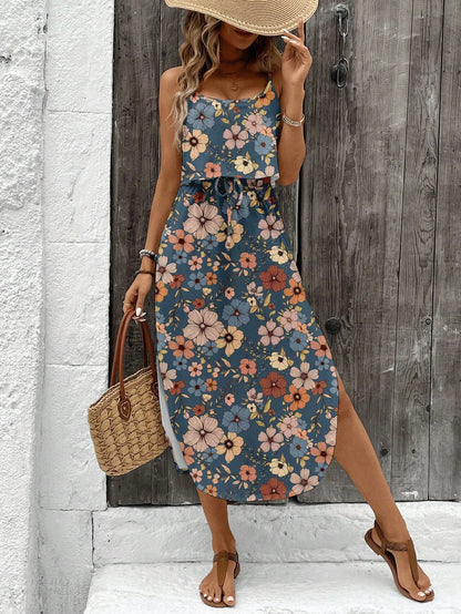 Women's Summer Spaghetti Strap Dress with Belt & Side Slit - Casual Sleeveless Flowy Dress