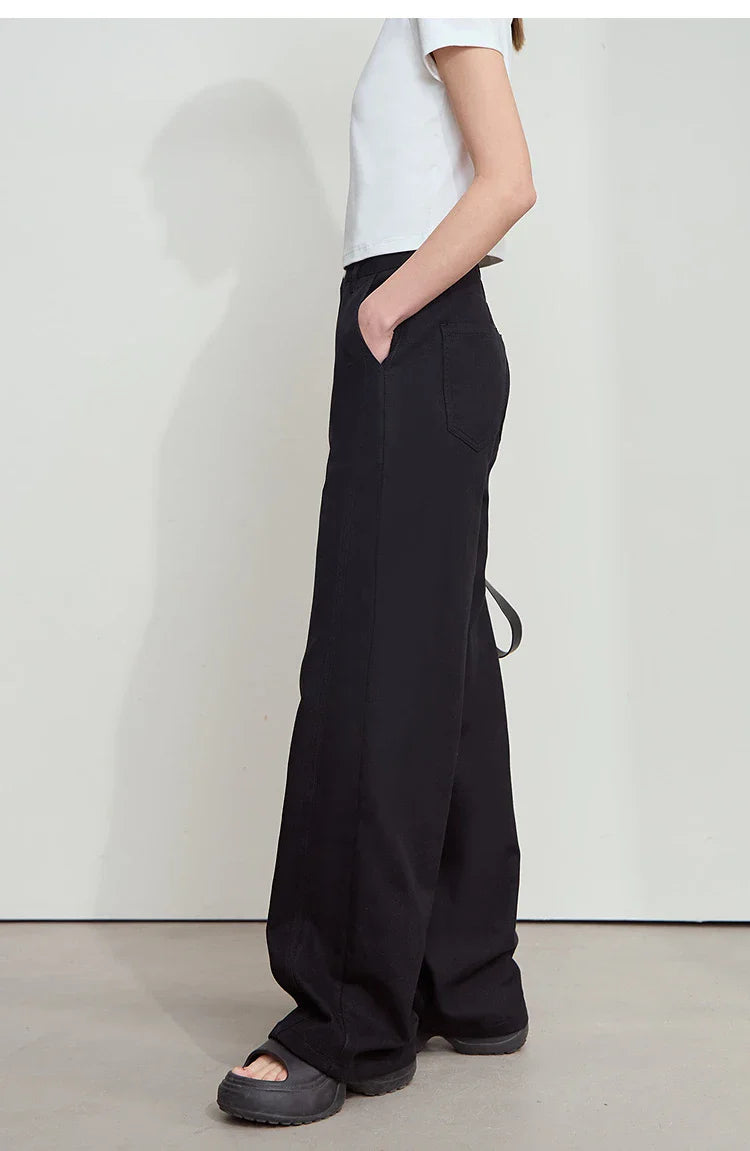 Women's Jeans Minimalist 2025 Summer New Style Solid Color Commuting Black Beige Wide Leg Cotton Denim Long Pants 12552012