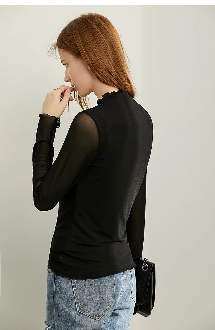 T-shirt Women's Autumn 2025 New Semi-turtleneck Long Sleeve T-shirt Slim-fitting Casual Bottoming Shirt Mesh Top 12421001