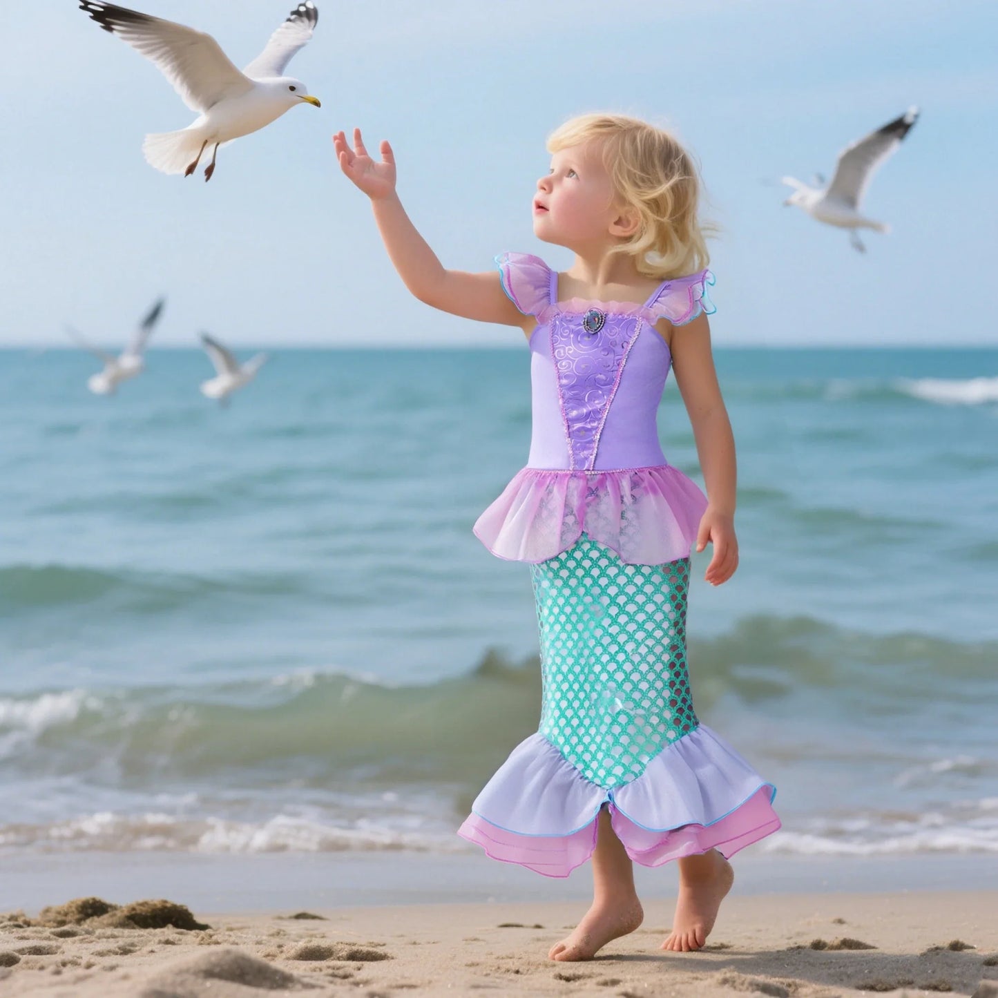 2025 Girls Mermaid Dress Princess Cosplay Party Costumes Summer Purple Elegant Flying Sleeve Fancy Dresses For 2-10Y Kids