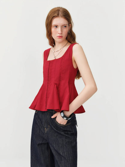 2026 Summer Women's Red Lace Sleeveless Blouse with Waist-Defining Fit for Beach Vacations and Summer Getaways