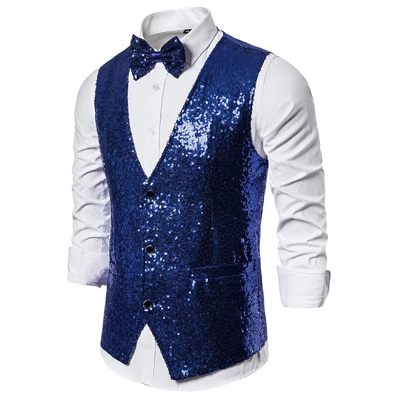 2026 Men's Shiny Gold Sequin Glitter Embellished Blazer Waistcoat Night Club Blazer Wedding Party Waistcoat Stage Singers Vest