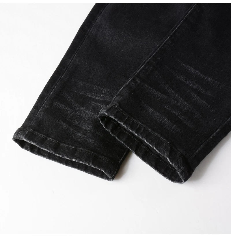 Men's Cracked Red Pleated Patch Biker Jeans Streetwear Patchwork Stretch Denim Pants Skinny Tapered Black Trousers