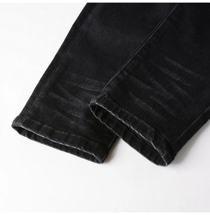 Men's Cracked Red Pleated Patch Biker Jeans Streetwear Patchwork Stretch Denim Pants Skinny Tapered Black Trousers