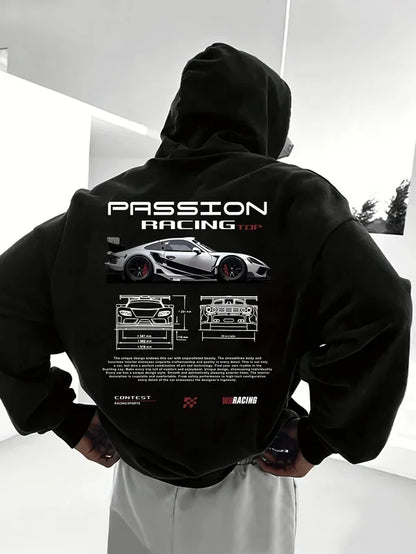 2025 Popular Digital Pattern Men's Hooded Sweatshirt Car-Themed Design American-Style Casual Sports Long-Sleeved Shirt