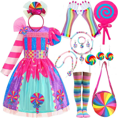 Girls Candy Fairy Lollipop Cosplay Costume Toddler Carnival Purim Rainbow Vestidos Girls Birthday Party Long Short Sleeves Dress