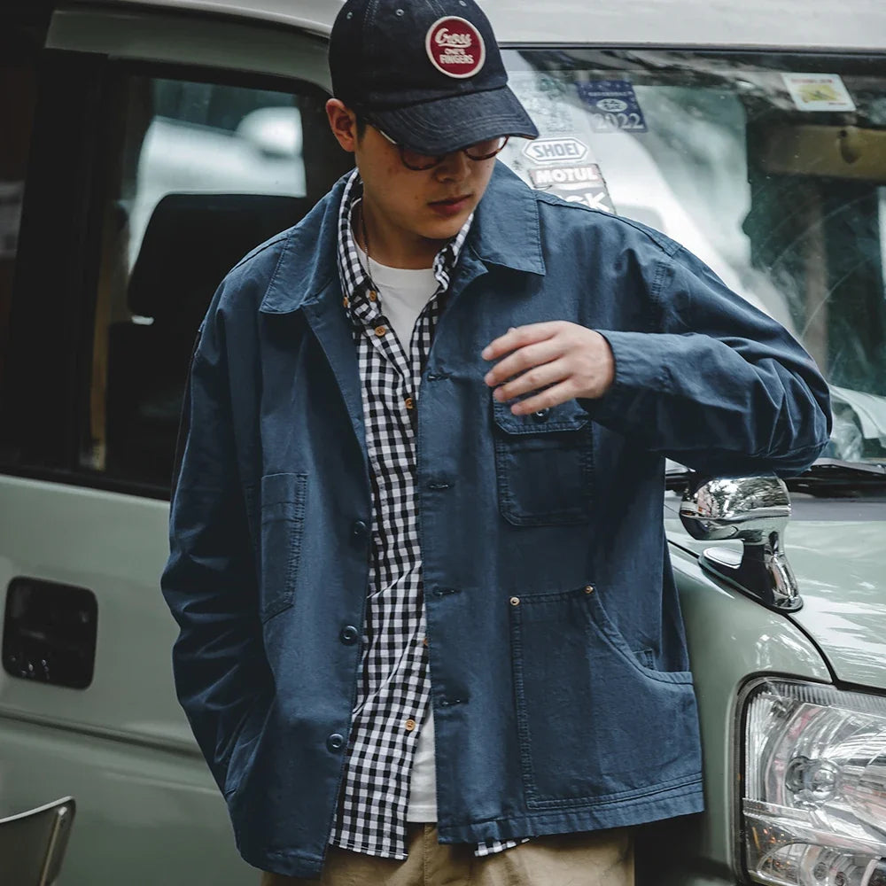 Navy  Drop Shoulder Jacket Men Turn-down Collar Hunting Tops Multi-Pocket Coat Men's Spring and Autumn Workwear Jacket
