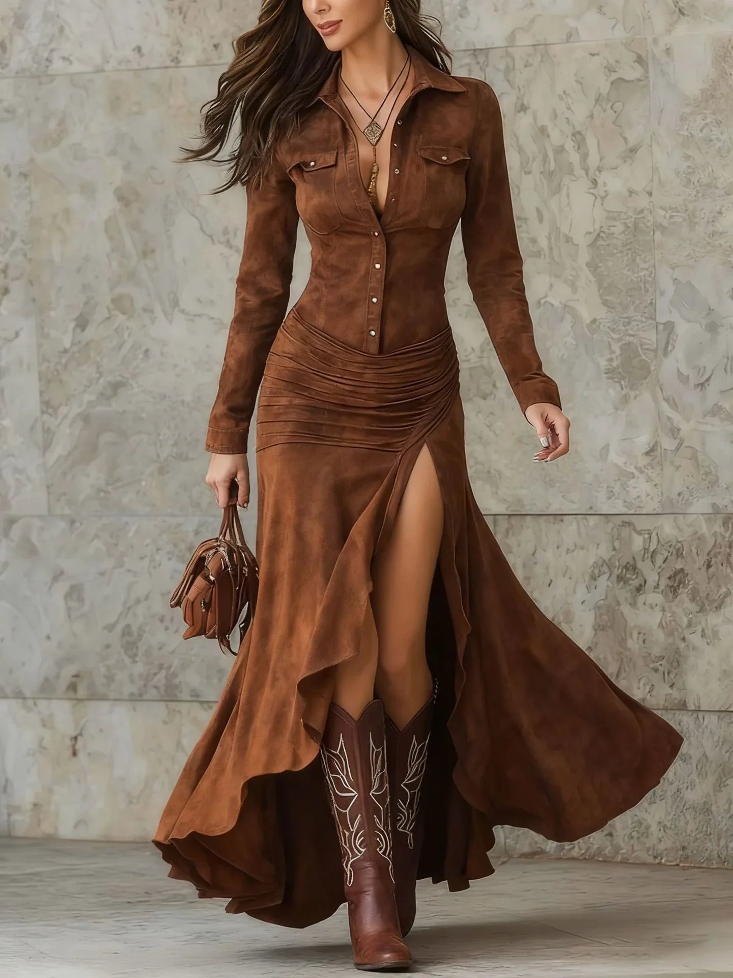 2025 Autumn/Winter Hot-Selling European and American Suede Slim-Fit Zipper Stand Collar Slit Long Dress