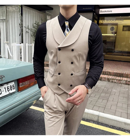 ( Vest + Pants) Men Luxury Double Breasted Design Suit Vest 2 pieces Formal Groom Wedding Dress Vest Set Fashion Club Clothing