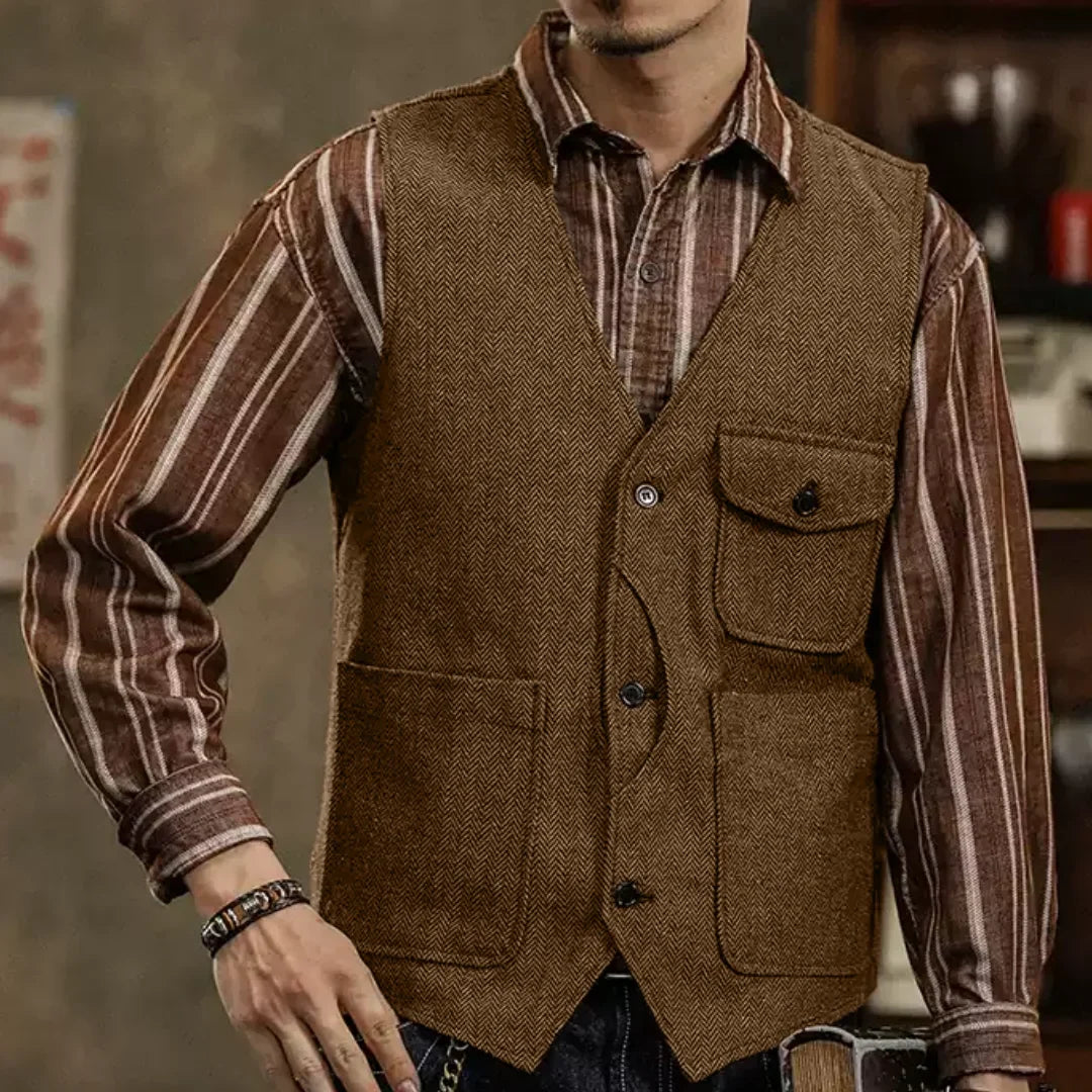 Men Vest Coffee Herringbone Single Button Pocket Waistcoat For Wedding Business Casual Formal Daily Office Work Men Suit Vest