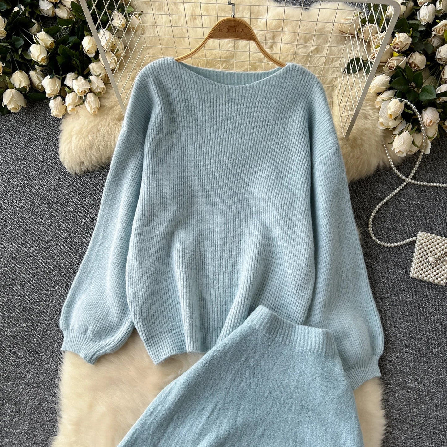 Autumn Casual Two Pieces Sets Women O-Neck Loose Knitting Top+Elastic Waist Large Swing Skirt Basic Korean Winter Sets