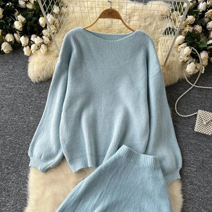 Autumn Casual Two Pieces Sets Women O-Neck Loose Knitting Top+Elastic Waist Large Swing Skirt Basic Korean Winter Sets