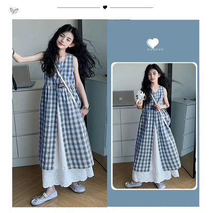Summer Girls Retro Red Plaid Vest Dress 2-Piece Set Thin French Style Strappy Sundress Casual Vacation Outfit Teen Kids Clothes