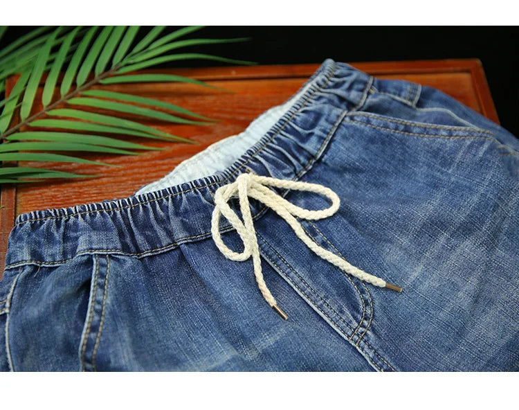 Summer Females Luxury Embroidery Jeans Womens Fashion Vintage Ripped Denim Trousers Loose Holes Elastic Harem Pants