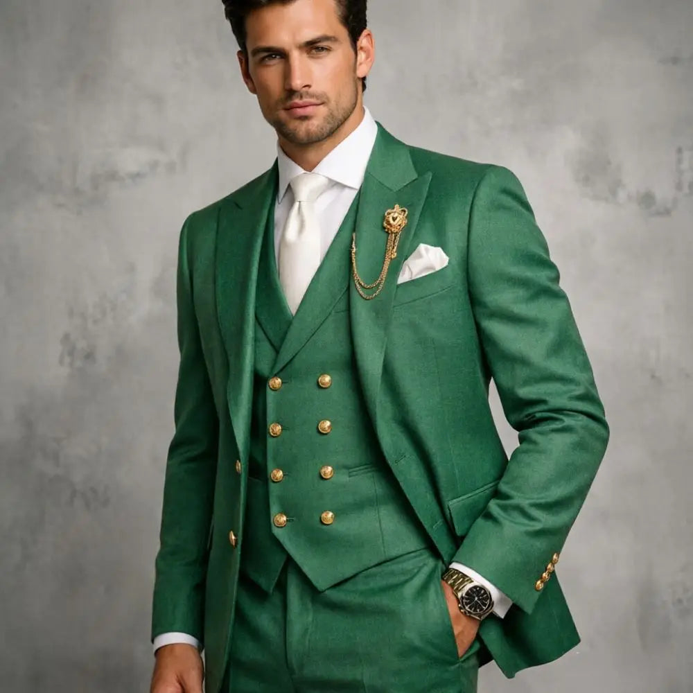Mens White 3 Pieces Slim Fit Wedding Tuxedo Gold Buttons Peak Lapel Vest Formal Blazer Pants Groom Prom Office Evening Wear