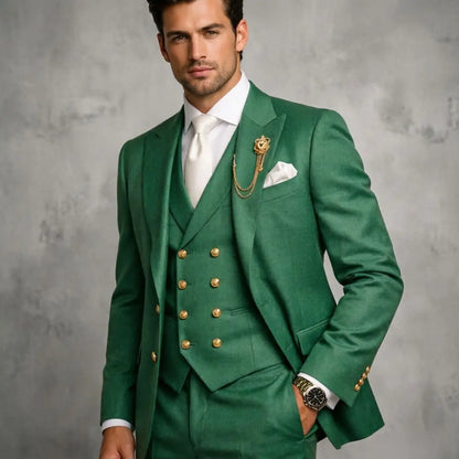 Mens White 3 Pieces Slim Fit Wedding Tuxedo Gold Buttons Peak Lapel Vest Formal Blazer Pants Groom Prom Office Evening Wear
