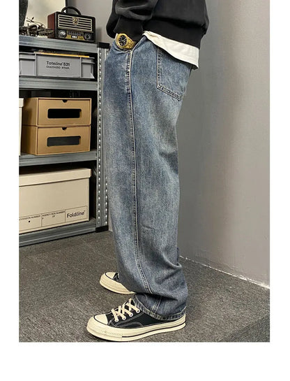 American Style Casual Faded Loose Straight Leg Jeans for Men Spring Autumn Wear Comfortable Wide Leg Pants Youth Fashion