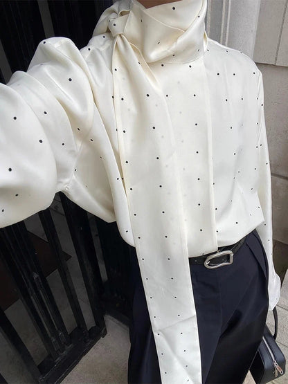 Polka Dot Printed Casual Shirt Women Satin Scarf Neck Elegant Long Sleeve Blouse 2026 New Autumn Lady Daily Street Chic Outwear