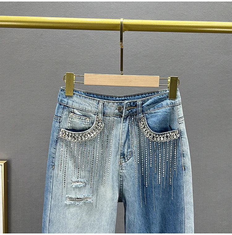 High Waist Wide Leg Jeans Women's Summer Loose Slimming Diamond Embedded Long Pants Break Hole Denim Pants Hong Kong Sle ...